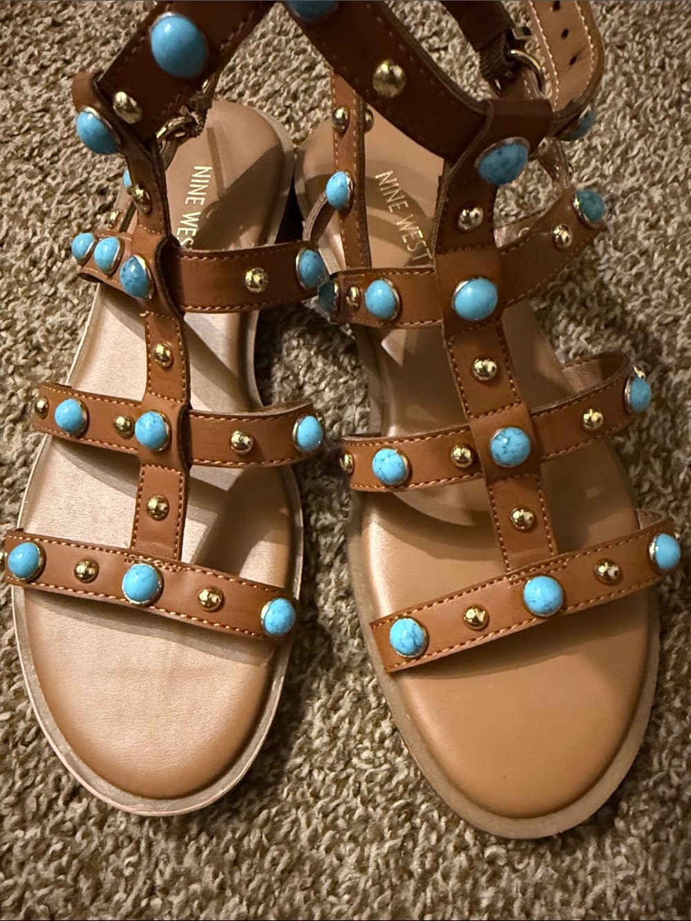 Nine West Tan Leather Sandals with Turquoise Accents